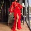 Casual Dresses Vintage Solid Women Dress Fashion Lantern Sleeve Sexig spetsar Hålig ut High Slit Lady Party Elegant Lregular Maxi