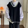 メンズベスト2023男性の洗練されたプルオーバーウールセーターベストルーズファッショントレンド衣料コートv-collarコントラストカラーカシミア編み
