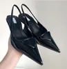 Été Marque Talons Hauts Sandales Classiques Triangle Signe Pointu Noir Mat Talons Minces 3.5cm 7.5cm Brillant En Cuir Verni Femmes Chaussures De Mariage avec Sac 35-40