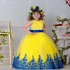 2023 Nouveau Jaune Tulle Dentelle Robes De Fille De Fleur Pour Le Mariage Ras Du Cou Sans Manches Noir Applique Sash Arc Longues Filles Pageant Robes