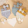 Hair Accessories 3Pcs/Set Muslin Cotton Print Baby Bib Born Bows Headband Triangle Saliva Towel Infant Boy Girl Feeding Burp Cloth Shower