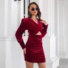 2022 vouwen Mini Ladies Jurk Long Puff Sleeve V Hol Hollow Out Bodycon Dames Kleed Casual Women Clothing Vestidos