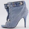 2023 Summer New Wash Denim Vintage Fashion Slim High Heel Women Sandaler European och American Fashion Show Shoes