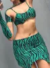 Abiti da lavoro Y2K Fashion Set da 3 pezzi Completi da donna Green Zebra Print Gonna corta Crop Top con guanti High Street Summer Holiday Clothes