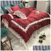 Bedding Sets Luxury Wine Red Green Gray White Pink Silky Washed Silk Duvet Bed Lace Pillowcases Sheet/Linen Cotton Set Er Girl1 Drop Dhjac
