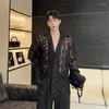 Herren lässige Hemden Männer koreanische Streetwear Mode Vintage Lace Hollowe Paillette Kubaner Kragen Langarmblusen für Man Party Kleid