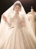 Modest Long Sleeve Ball Gown Wedding Dresses Bridal Gowns Sheer Jewel Neck Lace Appliqued Sequins Plus Size Robe De Mariee crystal Bling Sequins Wed Dresses 2023