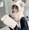 Hats Scarves Gloves Sets White Thick Cartoon Bear Plush Bomber Fur Hat Scarf 3in1 Set Wraps Furry Cap Head Warmer Outdoor Earflap Girl Women