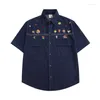 Damenblusen Korobov American Vintage Denim Shirts Kurzarm Frauen Sommer Cartoon bestickt Y2k Tops Mode Camisa Feminina