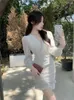 Casual Dresses Deeptown French Ruffles Folds White Fairy Women Sweet See Through V-Neck High midje långärmad bodycone Chiffon Dress