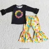 Rts Boutique Conjuntos de ropa para niños Conjunto de ropa para niñas pequeñas de otoño Conjunto de ropa para niñas Fahion Estampado de girasol Ruffle Manga larga Trajes con parte inferior de campana Venta al por mayor Traje para niñas