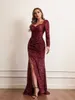 2022 frauen V-ausschnitt Langarm Pailletten Kleid Elegante Abendkleid Party Maxi Kleid Damen Hinter Kleider Vestidos
