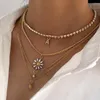 Zincirler Vintage Çok Katmanlı Kristal Mektup Çiçek Twist Zincir Kolyeler Kadınlar için Altın Güneş Metal Suç