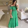Casual Dresses Summer Off Shoulder Green Boho Dress Fashion Elegant Beach Party Slash Neck Ruffle Maxi Women Robe 2023
