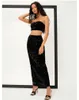 Nieuwe aankomst Women pailletten outfit strapless crop top solide color midi rok tweedelig set vestidos