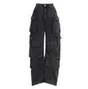 Street fashionista nueva moda humo gris empalme multibolsillo cargo pantalones street wash old pantalones largos de pierna ancha