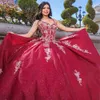 Kırmızı Quinceanera Off Omuz Partisi Prenses Tatlı 16 Elbise Dikli Sequins Dantel Vestidos de 15 Anos 326