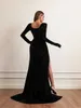 Elegant Black Velvet V Neck Split lange jurken Fashionjurk avondfeest Maxi -jurk voor dames Vestidos