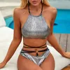 Women's Swimwear 2023 Two Pieces Bikini Sexy Snake Print Fabric Swimsuit Bathing Suits Ladies Halter Strappy Split