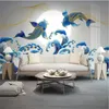 Fonds d'écran Chinois Waterline Wave Spray Sunrise Fishs Encre Bleue Papier Peint Mural Pour Les Murs 3D Sushi Restaurant Décor Industriel Papier Peint