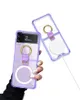 Luxury Magnetic Plating Transparent Vogue Phone Case for Samsung Galaxy Folding Z Flip3 Flip4 5G Ring Holder Clear Kickstand Shell Supporting Wireless Charging