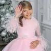 Girl Dresses Purple Tulle Feather Flower Sequined Top Tassel Long Sleeve Christmas Gown Pography