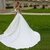 Shinning perlé une épaule sirène robes de mariée avec train détachable côté fente robe de mariée cap