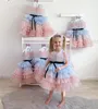 Vestidos de menina vestido de flor personalizado o pescoço cetim tule buft tulle pequena princesa festas de festa de aniversário tamanho 1-12y