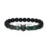 Strand z koralikami Punk Wolf Charm Bracelets Men Natural Stone Tiger Eye Lava Kulki Kobiety Król Król Crown Elastyczna biżuteria Psera Drop Deli Dhqi6