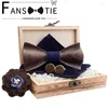 Bow Ties 1920s Mens Wooden Tie Bandchief Brooch and Cuffliks Stet Bule 3D Bowtie Jacquard Pocket Square for Men Wedding Accessories