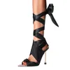 Sandales ruban noir cravate or Stiletto nœuds sangle bout ouvert métal talons hauts à lacets femmes chaussures Sandalias Mujer