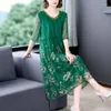 Robes de soirée été 2023 imprimer élégant moulante Vestidos Vintage robe mi-longue vert ample en mousseline de soie tempérament Boho