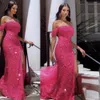 Stunning Paillettes Off the Shoulder Abiti da sera Side Split Mermaid Prom Party Gown Organza Train Femmine vestido de fiesta