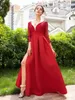 Mode élégante dames femmes à manches longues taille haute dentelle Slim Fit col en V fête formelle fendue Maxi robe noir/vin rouge