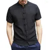 Mäns casual skjortor kinesisk stil smal skjorta män skiv spänne stående krage kort ärm topp man kläder knäppt 2023 vintage