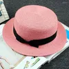Chapéus de aba larga Mulheres chapéu de verão fita fita bowknot de cor sólida redonda redonda palha plana tampa de sol eger22