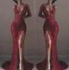 Sexy Red Spaghetti Full Lace Mermaid Prom Vintage Open Back Beaded Formal Evening Gown Long Plus Size Party Bridesmaid Dress Gowns