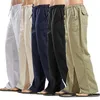 Męskie spodnie Mężczyźni Solidny kolor lniany przyczynowy luźne spusty z wieloma kieszeniami Lato Duża rozmiar sznurka oddychająca szeroka