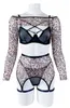 Women's Tracksuits Sexy Leopard Print Y2K 4Pcs Set Long Sleeve Crop Bra Tops Mini Shorts Pant Harness Party Festival Rave Outfits Women