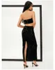 Nieuwe aankomst Women pailletten outfit strapless crop top solide color midi rok tweedelig set vestidos