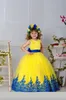 2023 Nouveau Jaune Tulle Dentelle Robes De Fille De Fleur Pour Le Mariage Ras Du Cou Sans Manches Noir Applique Sash Arc Longues Filles Pageant Robes