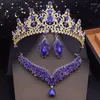 Necklace Earrings Set Fashion Purple Colors Bridal With Tiaras Princess Wedding Crown Bride Costume Accessories