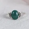 Cluster Rings FNJ Flower 925 Silver Ring For Women Jewelry Original Pure S925 Sterling Natural Green Agate MARCASITE