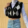 Waistcoats Winter v neck vintage argyle sweater vest women cropped sweater vests korean style kawaii sleeveless knit vest top for women