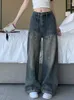 Jeans femininos pernas largas mulheres largas safra vintage personalidade americana estilo faculdade de streetwear moda namorada hip hop harajuku