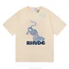 Дизайнерская модная одежда футболка футболка американская марка Rhude Leopard Print Новый печатный хлопок с коротким рукавом для мужчин, женщины, стрит -стрит