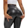 Kvinnors byxor faux läder leggings pu elastic formning höft push upp svart sexig kurvig stretchy hög midja tights med blixtlås 230523