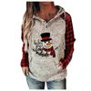 Sudaderas con capucha para mujer con jersey de bolsillo a cuadros Navidad muñeco de nieve enano estampado botón abajo manga larga #H