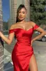 Red Sexy Mermaid Prom Dresses High Slit Off The Shoulder Pleat Satin Long Formal Dress Plus Size Women Evening Gowns Wholesale