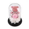 Luzes noturnas do Dia dos Namorados Presentes Rose Kit Preservado Rosas frescas Flor com Urso Led Light In Glass Dome on Wood
